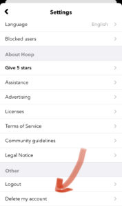 Delete account in Hoop app