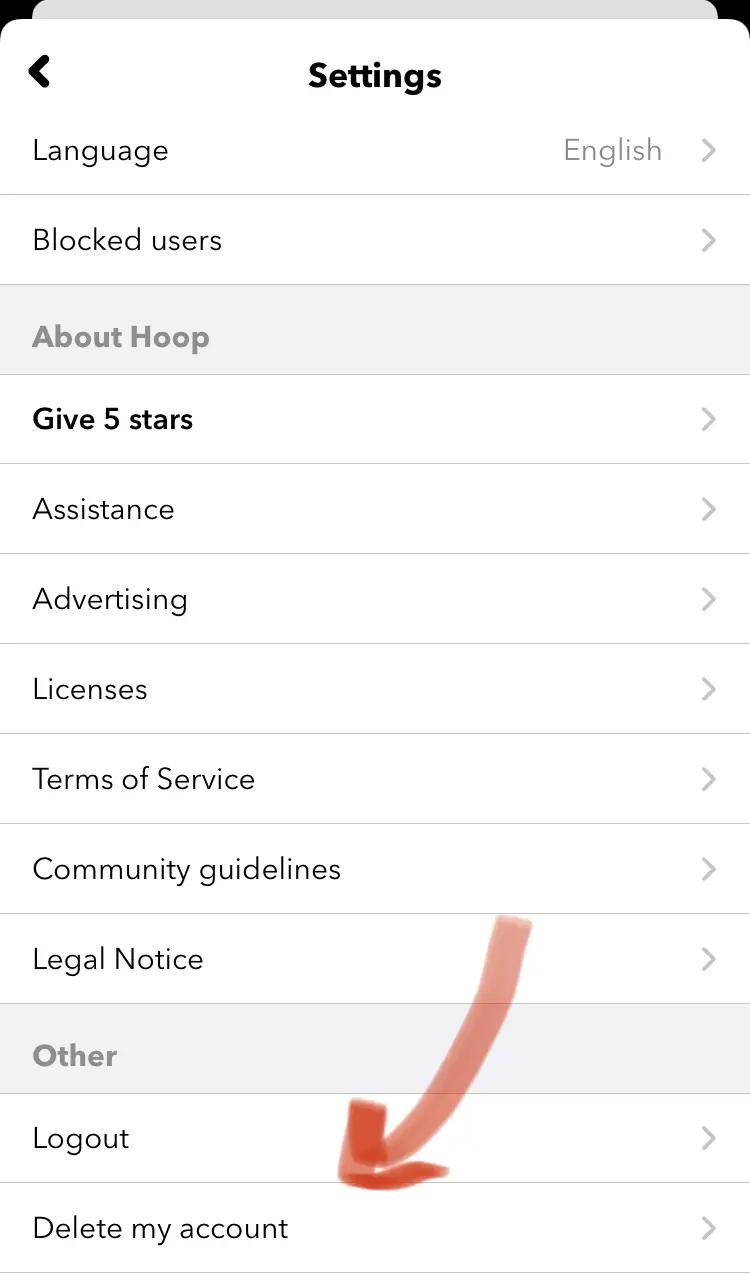 Delete account in Hoop app